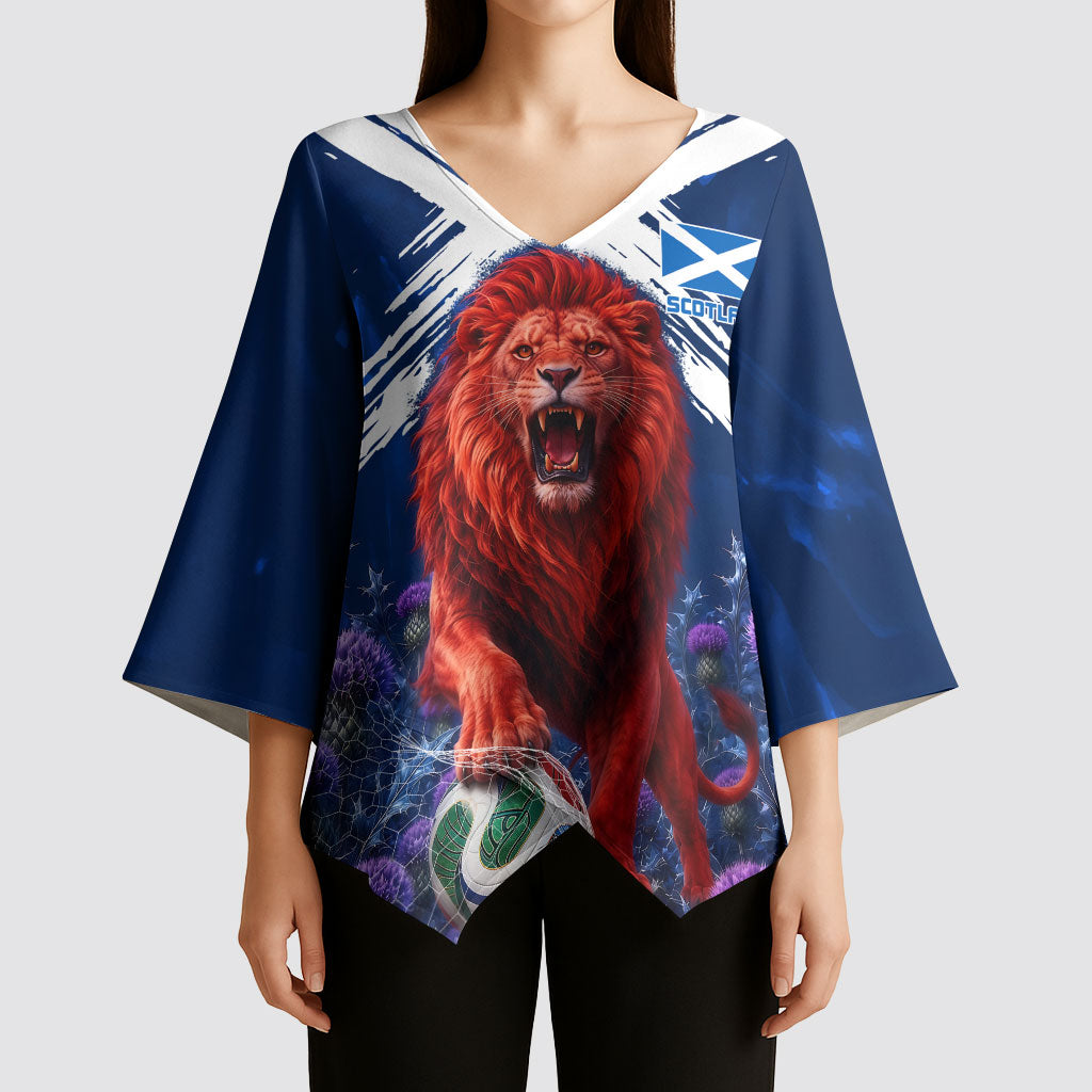 Personalized Scotland Red Lion Soccer Kimono Sleeve Blouse Scottish Saltire Flag Purple Thistle Cheering Fans