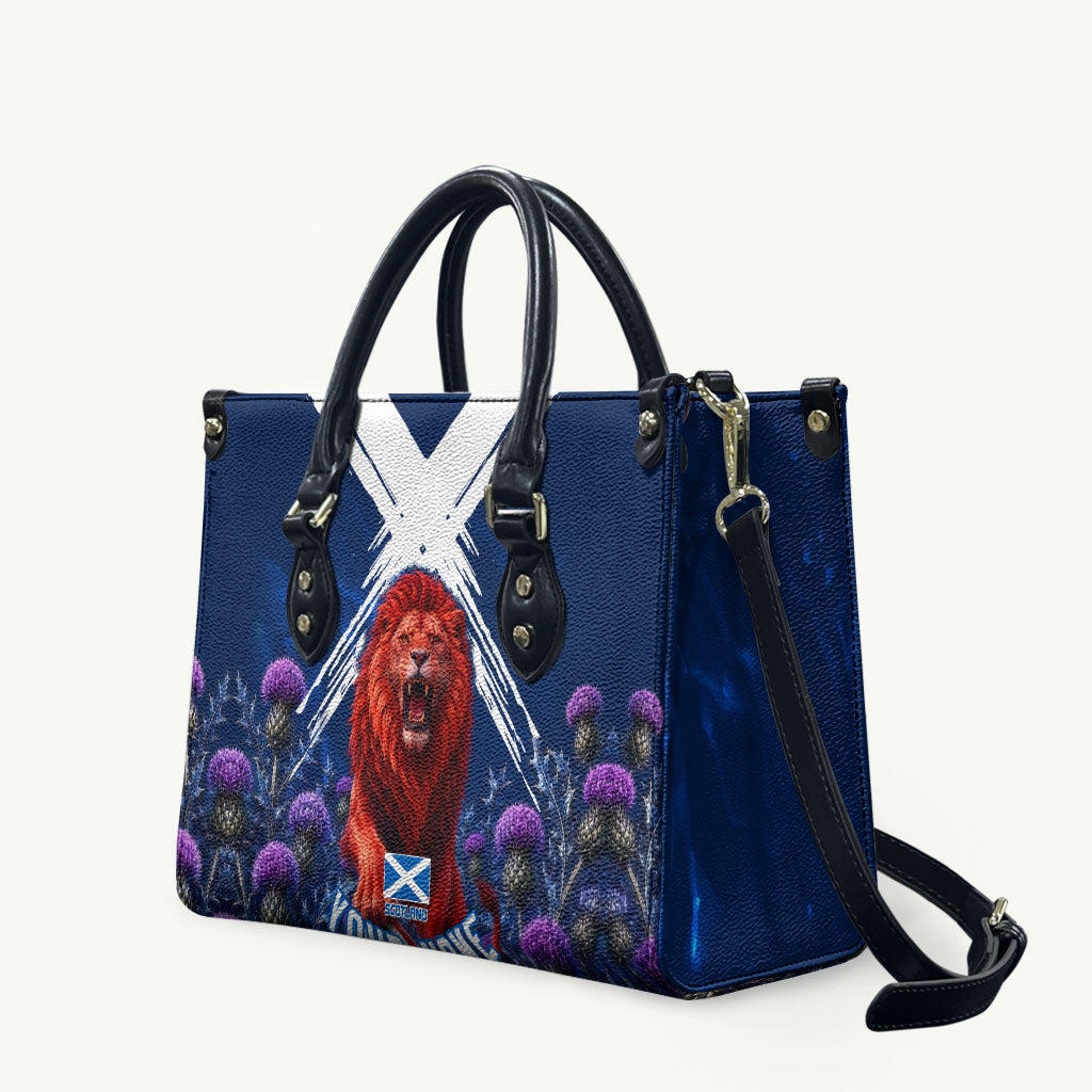 Personalized Scotland Red Lion Soccer Leather Bag Scottish Saltire Flag Purple Thistle Cheering Fans