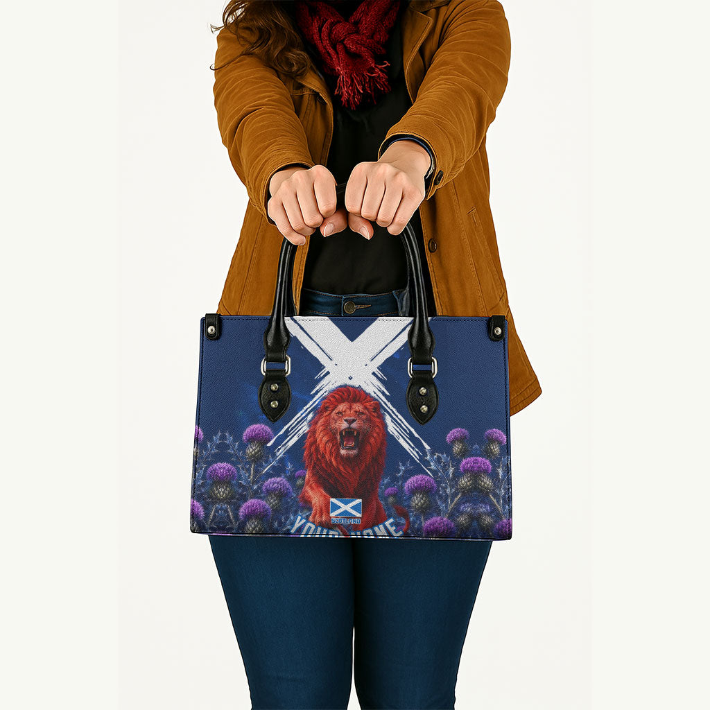 Personalized Scotland Red Lion Soccer Leather Bag Scottish Saltire Flag Purple Thistle Cheering Fans