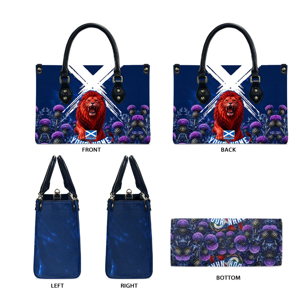 Personalized Scotland Red Lion Soccer Leather Bag Scottish Saltire Flag Purple Thistle Cheering Fans
