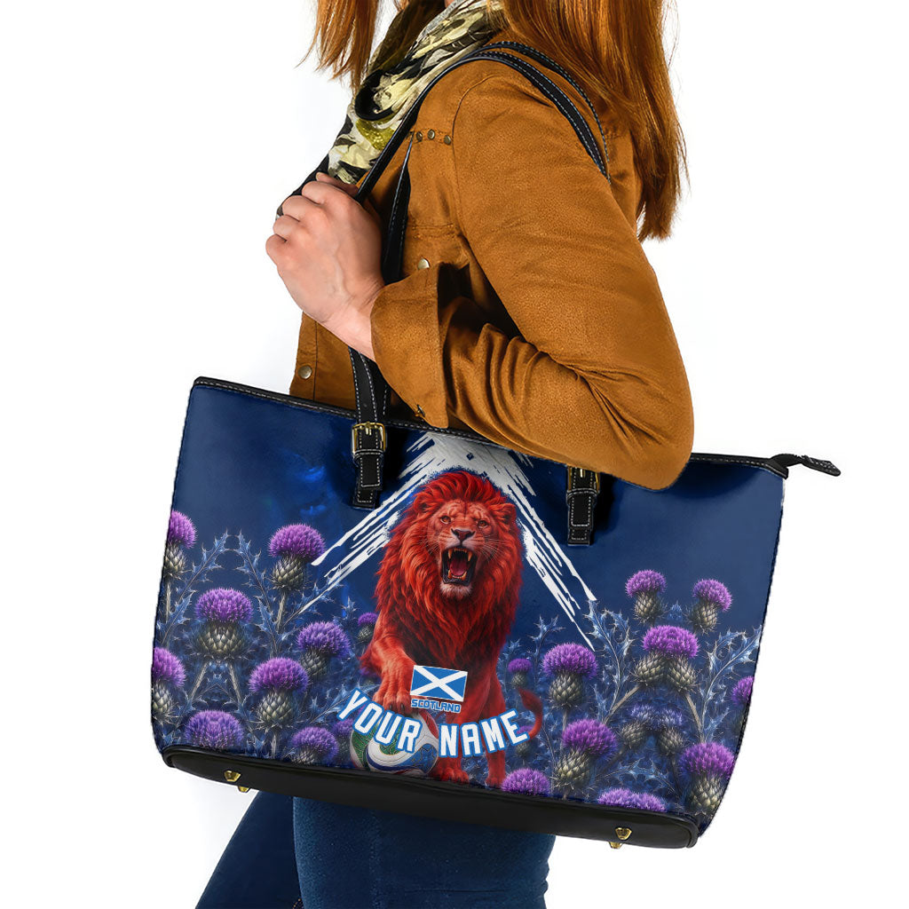Personalized Scotland Red Lion Soccer Leather Tote Bag Scottish Saltire Flag Purple Thistle Cheering Fans
