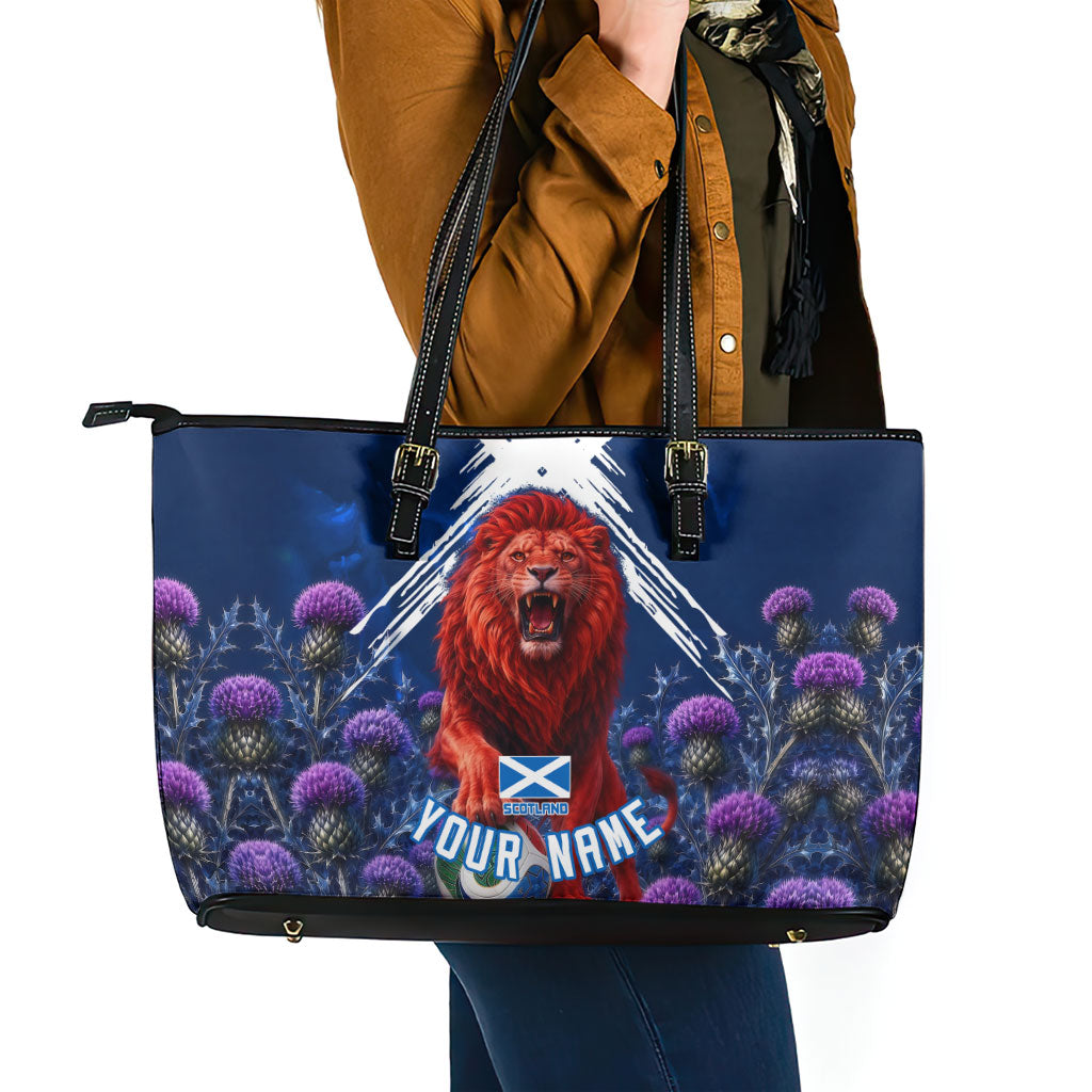 Personalized Scotland Red Lion Soccer Leather Tote Bag Scottish Saltire Flag Purple Thistle Cheering Fans