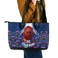 Personalized Scotland Red Lion Soccer Leather Tote Bag Scottish Saltire Flag Purple Thistle Cheering Fans