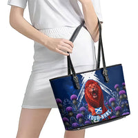 Personalized Scotland Red Lion Soccer Leather Tote Bag Scottish Saltire Flag Purple Thistle Cheering Fans