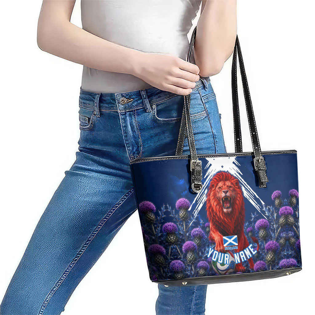 Personalized Scotland Red Lion Soccer Leather Tote Bag Scottish Saltire Flag Purple Thistle Cheering Fans