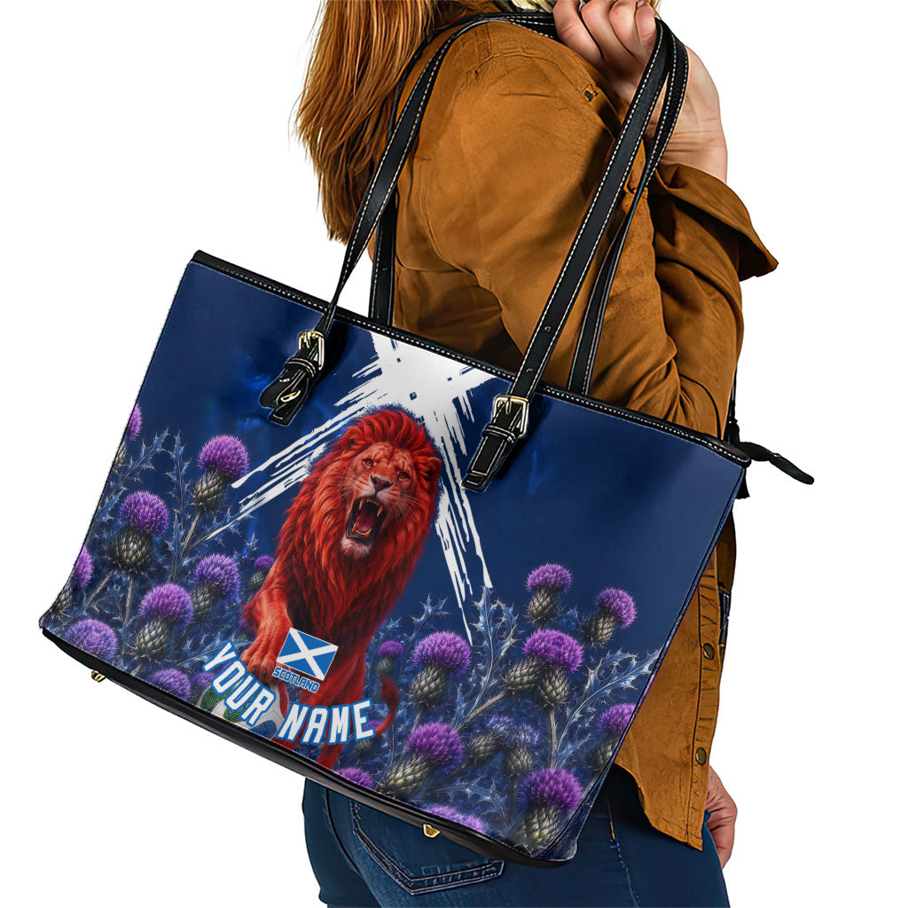 Personalized Scotland Red Lion Soccer Leather Tote Bag Scottish Saltire Flag Purple Thistle Cheering Fans
