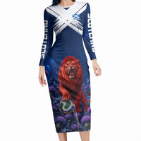 Personalized Scotland Red Lion Soccer Long Sleeve Bodycon Dress Scottish Saltire Flag Purple Thistle Cheering Fans