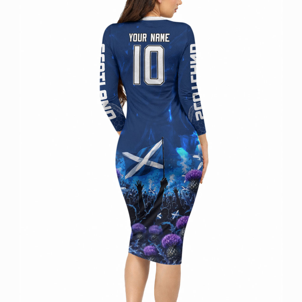 Personalized Scotland Red Lion Soccer Long Sleeve Bodycon Dress Scottish Saltire Flag Purple Thistle Cheering Fans
