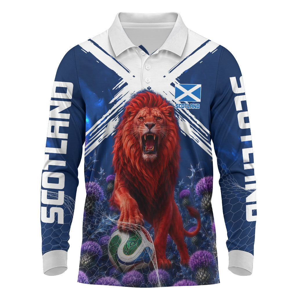 Personalized Scotland Red Lion Soccer Long Sleeve Polo Shirt Scottish Saltire Flag Purple Thistle Cheering Fans