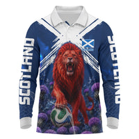 Personalized Scotland Red Lion Soccer Long Sleeve Polo Shirt Scottish Saltire Flag Purple Thistle Cheering Fans