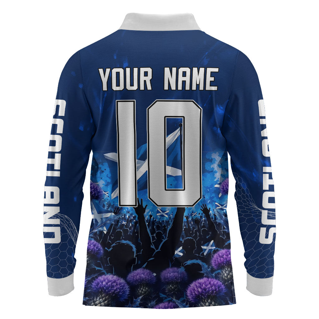Personalized Scotland Red Lion Soccer Long Sleeve Polo Shirt Scottish Saltire Flag Purple Thistle Cheering Fans