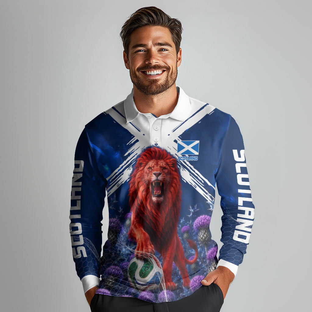 Personalized Scotland Red Lion Soccer Long Sleeve Polo Shirt Scottish Saltire Flag Purple Thistle Cheering Fans