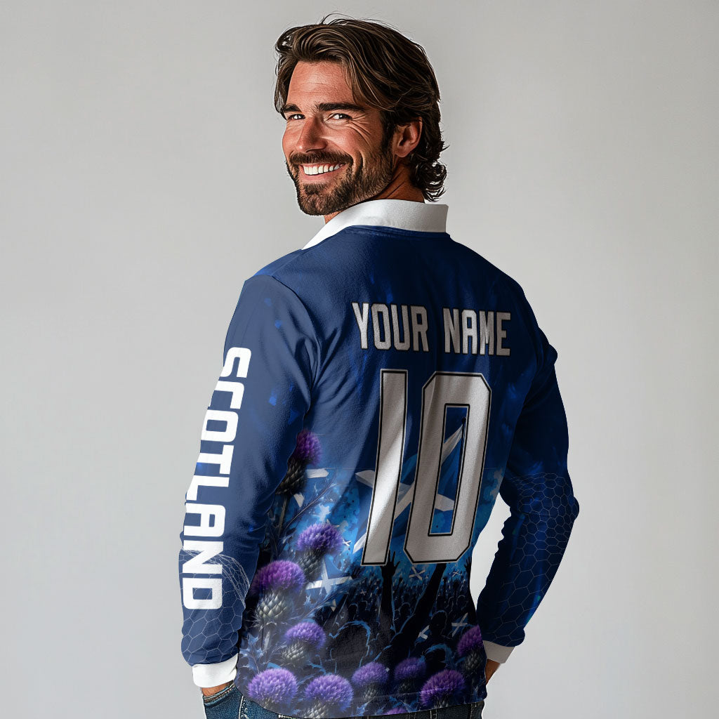 Personalized Scotland Red Lion Soccer Long Sleeve Polo Shirt Scottish Saltire Flag Purple Thistle Cheering Fans