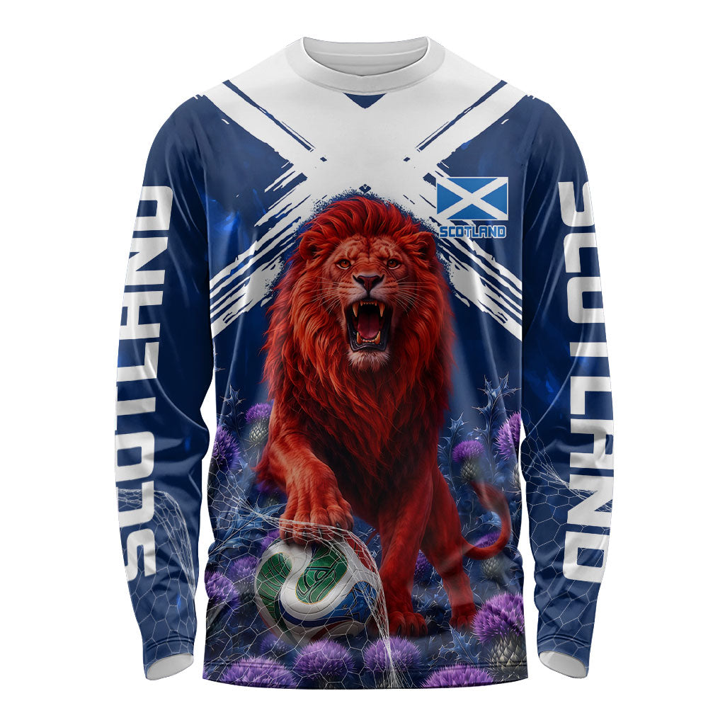 Personalized Scotland Red Lion Soccer Long Sleeve Shirt Scottish Saltire Flag Purple Thistle Cheering Fans