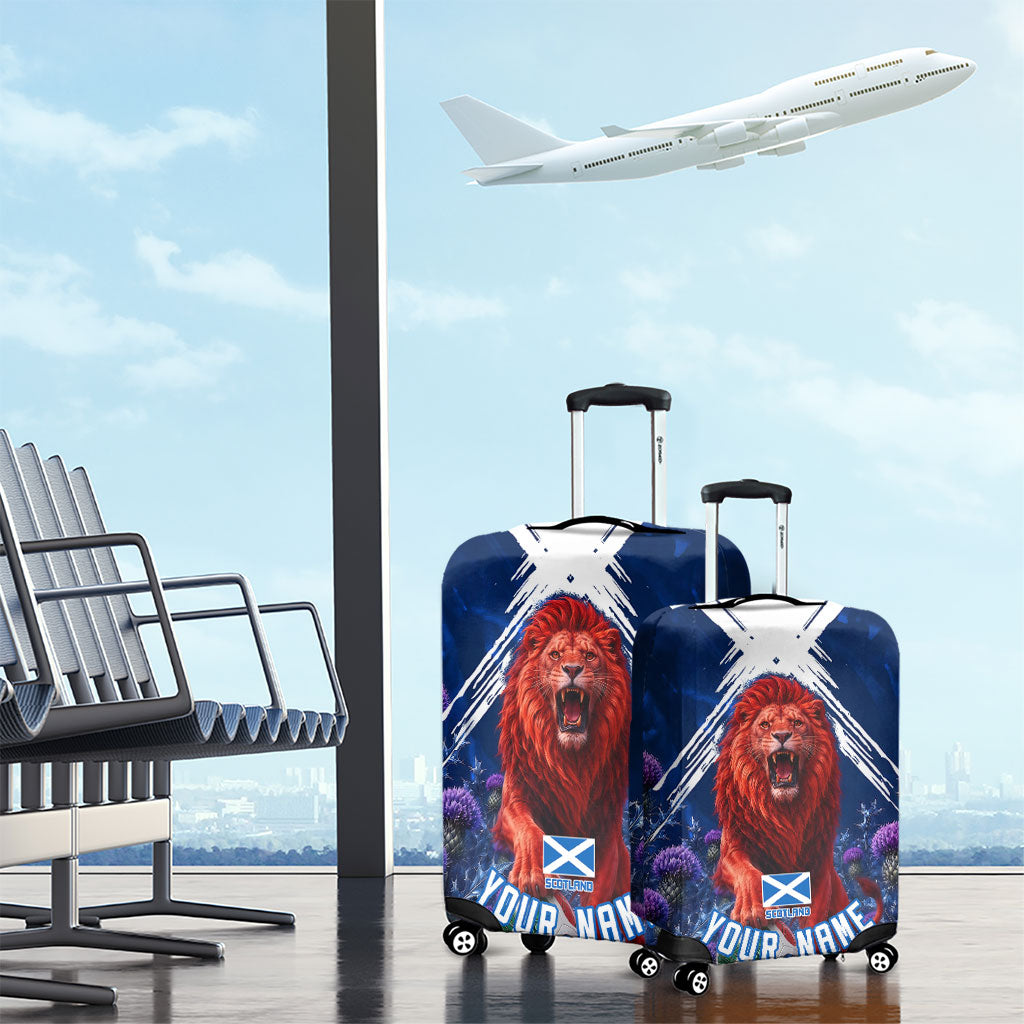 Personalized Scotland Red Lion Soccer Luggage Cover Scottish Saltire Flag Purple Thistle Cheering Fans
