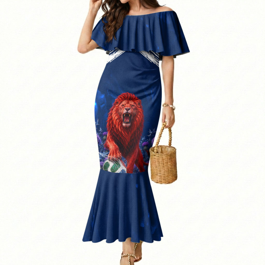 Personalized Scotland Red Lion Soccer Mermaid Dress Scottish Saltire Flag Purple Thistle Cheering Fans