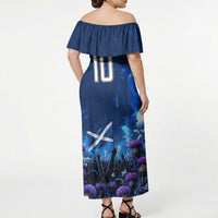 Personalized Scotland Red Lion Soccer Off Shoulder Maxi Dress Scottish Saltire Flag Purple Thistle Cheering Fans