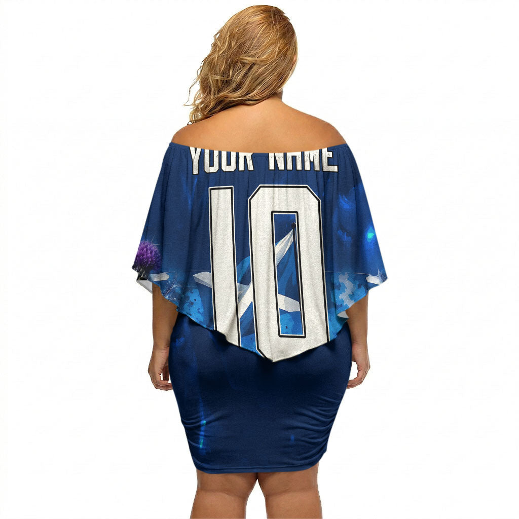 Personalized Scotland Red Lion Soccer Off Shoulder Short Dress Scottish Saltire Flag Purple Thistle Cheering Fans