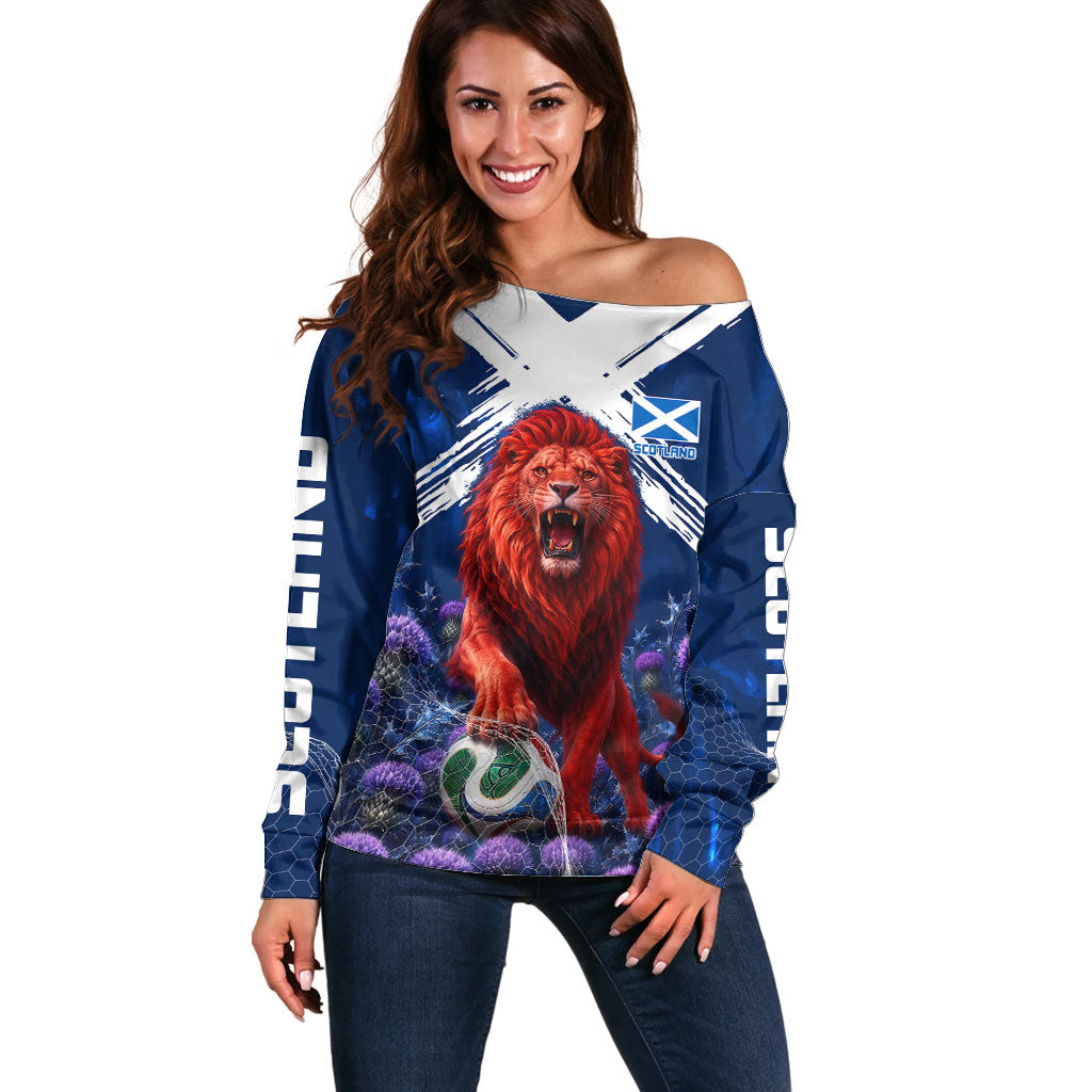 Personalized Scotland Red Lion Soccer Off Shoulder Sweater Scottish Saltire Flag Purple Thistle Cheering Fans