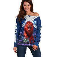 Personalized Scotland Red Lion Soccer Off Shoulder Sweater Scottish Saltire Flag Purple Thistle Cheering Fans