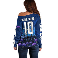Personalized Scotland Red Lion Soccer Off Shoulder Sweater Scottish Saltire Flag Purple Thistle Cheering Fans