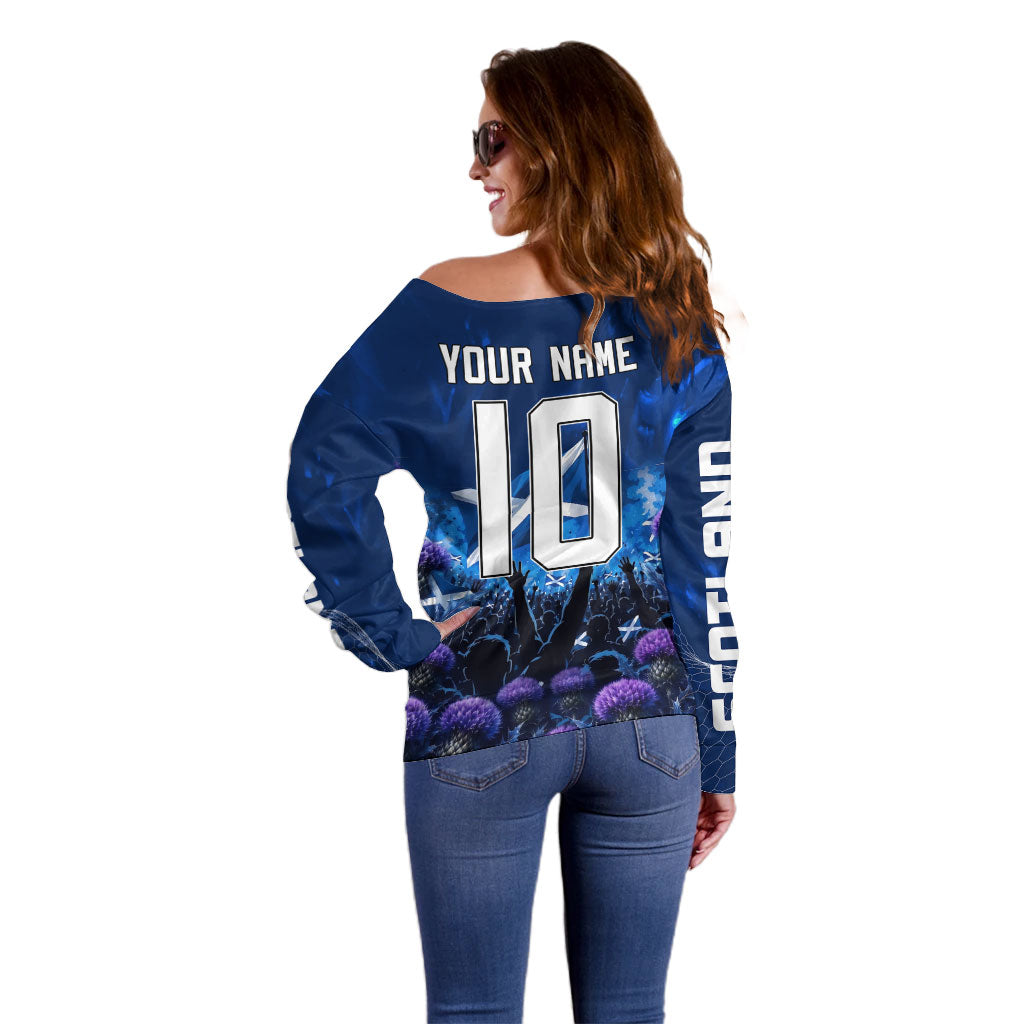 Personalized Scotland Red Lion Soccer Off Shoulder Sweater Scottish Saltire Flag Purple Thistle Cheering Fans