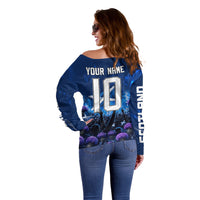 Personalized Scotland Red Lion Soccer Off Shoulder Sweater Scottish Saltire Flag Purple Thistle Cheering Fans