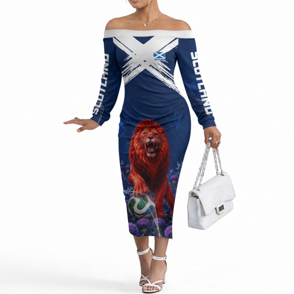 Personalized Scotland Red Lion Soccer Off The Shoulder Long Sleeve Dress Scottish Saltire Flag Purple Thistle Cheering Fans