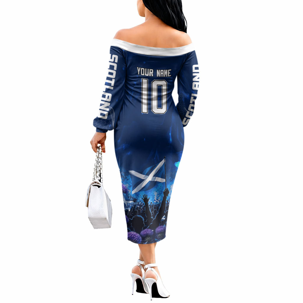 Personalized Scotland Red Lion Soccer Off The Shoulder Long Sleeve Dress Scottish Saltire Flag Purple Thistle Cheering Fans