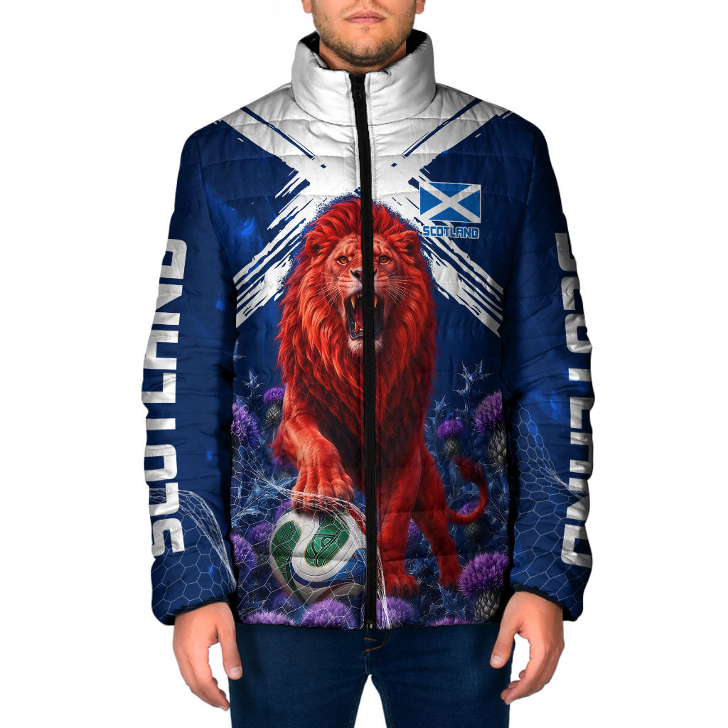 Personalized Scotland Red Lion Soccer Padded Jacket Scottish Saltire Flag Purple Thistle Cheering Fans