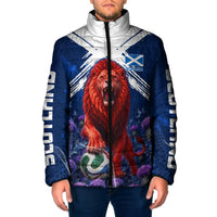 Personalized Scotland Red Lion Soccer Padded Jacket Scottish Saltire Flag Purple Thistle Cheering Fans