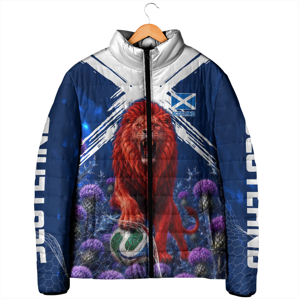 Personalized Scotland Red Lion Soccer Padded Jacket Scottish Saltire Flag Purple Thistle Cheering Fans