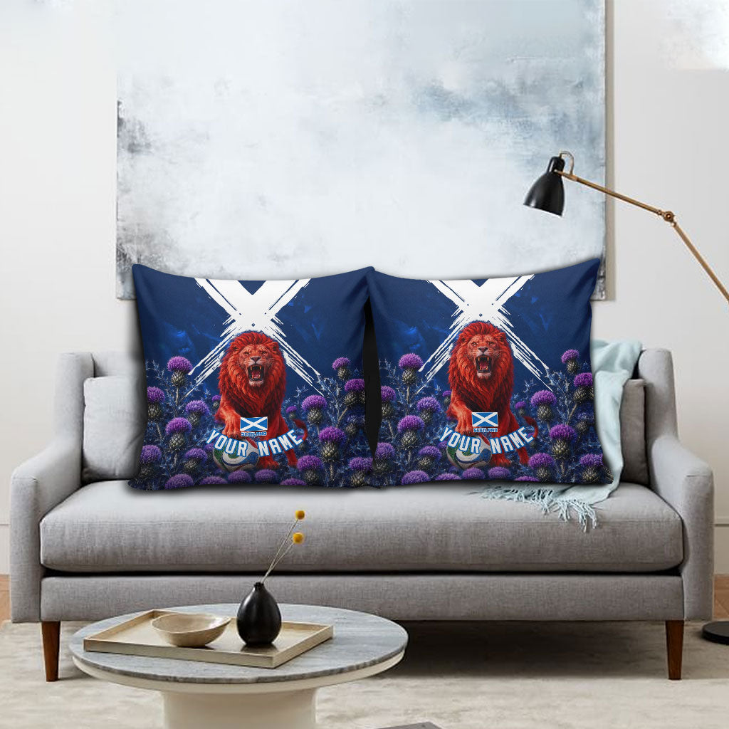Personalized Scotland Red Lion Soccer Pillow Cover Scottish Saltire Flag Purple Thistle Cheering Fans