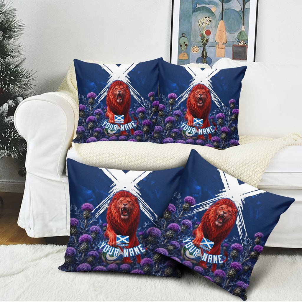 Personalized Scotland Red Lion Soccer Pillow Cover Scottish Saltire Flag Purple Thistle Cheering Fans