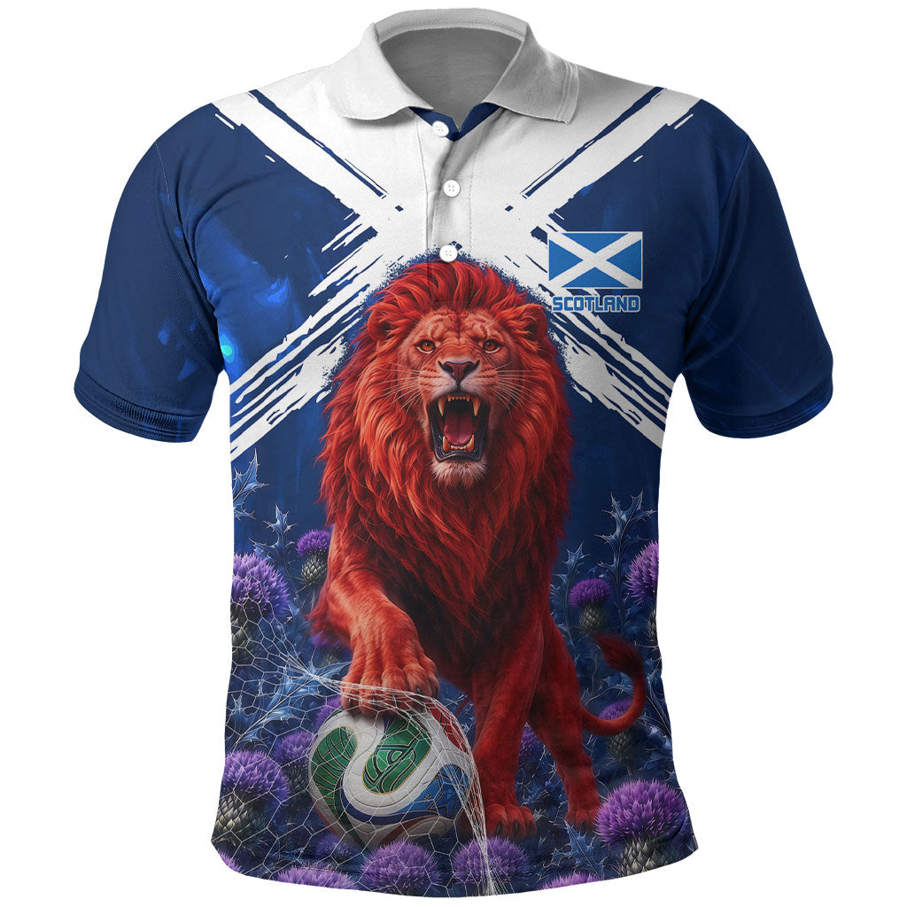 Personalized Scotland Red Lion Soccer Polo Shirt Scottish Saltire Flag Purple Thistle Cheering Fans