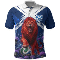 Personalized Scotland Red Lion Soccer Polo Shirt Scottish Saltire Flag Purple Thistle Cheering Fans