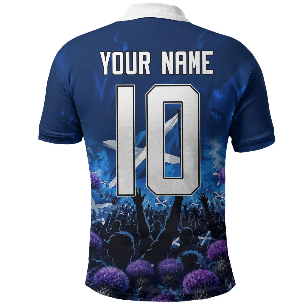 Personalized Scotland Red Lion Soccer Polo Shirt Scottish Saltire Flag Purple Thistle Cheering Fans