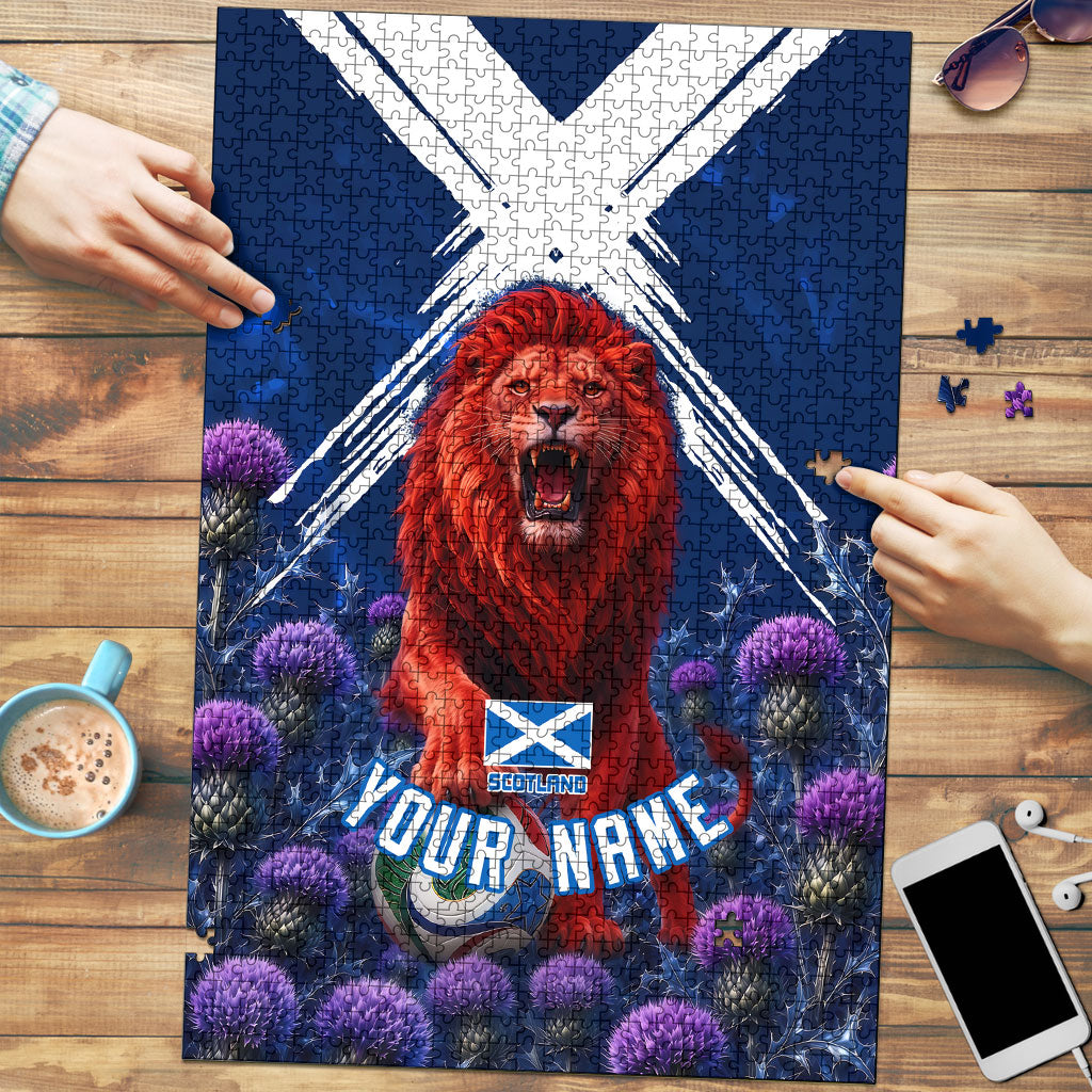 Personalized Scotland Red Lion Soccer Puzzle Scottish Saltire Flag Purple Thistle Cheering Fans