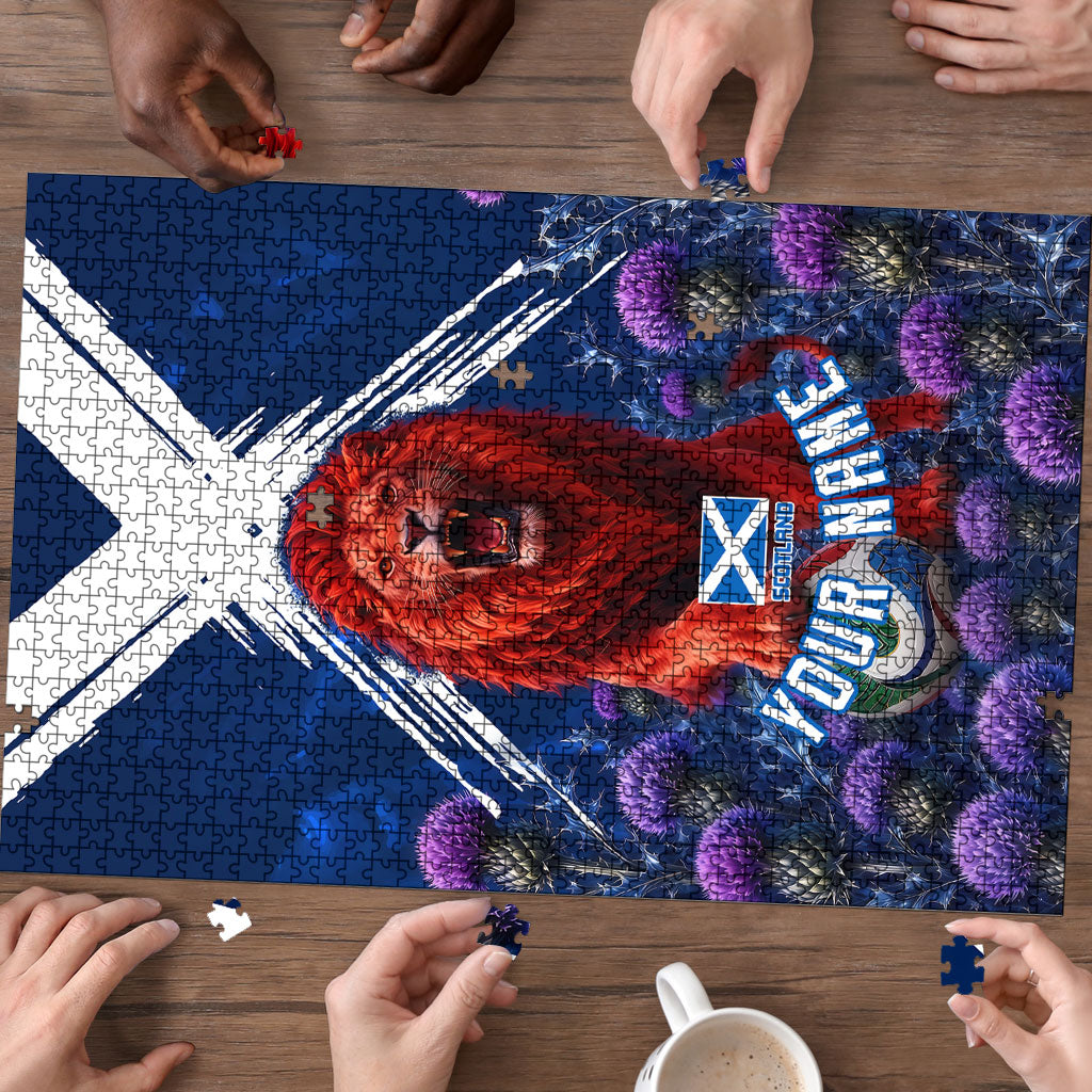 Personalized Scotland Red Lion Soccer Puzzle Scottish Saltire Flag Purple Thistle Cheering Fans