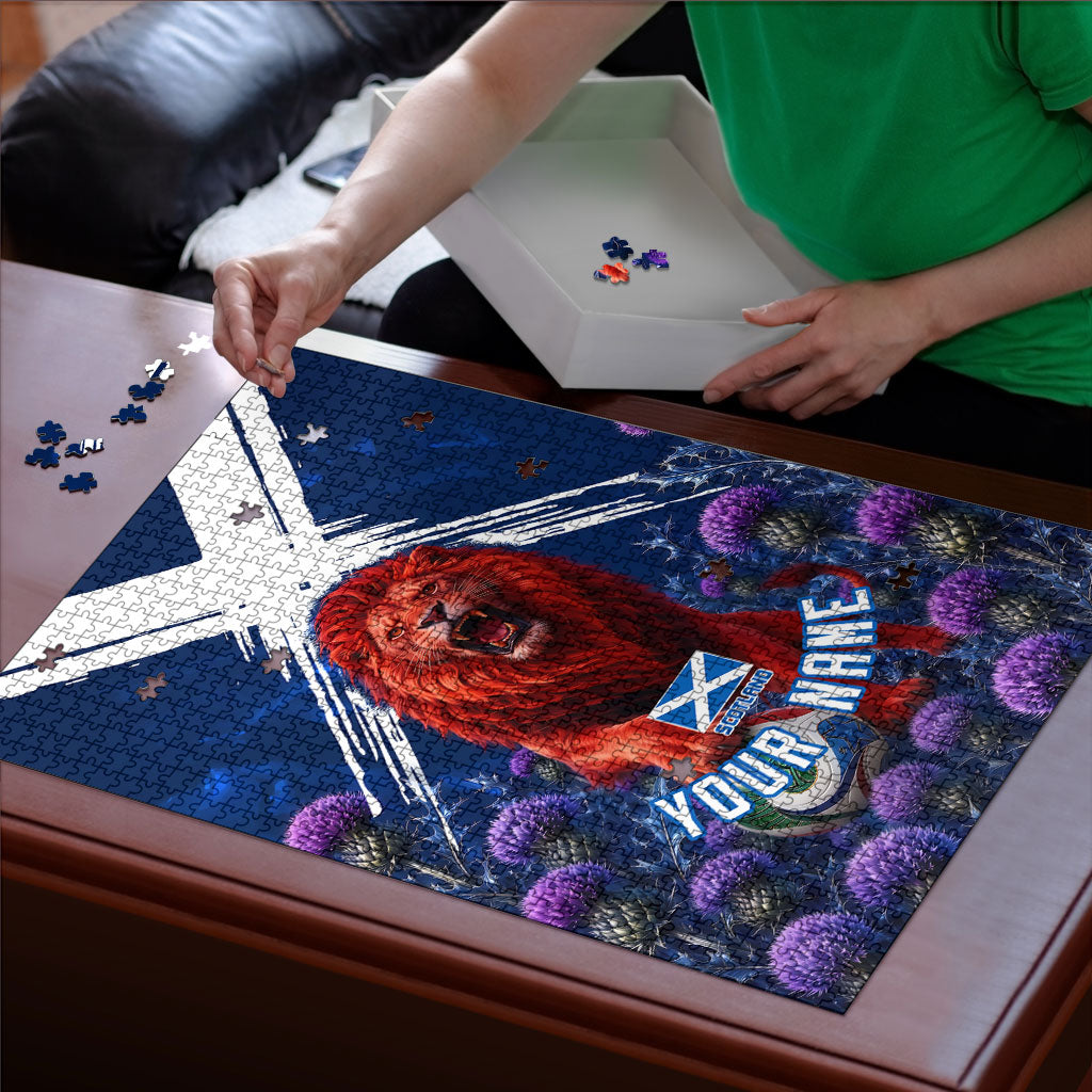 Personalized Scotland Red Lion Soccer Puzzle Scottish Saltire Flag Purple Thistle Cheering Fans