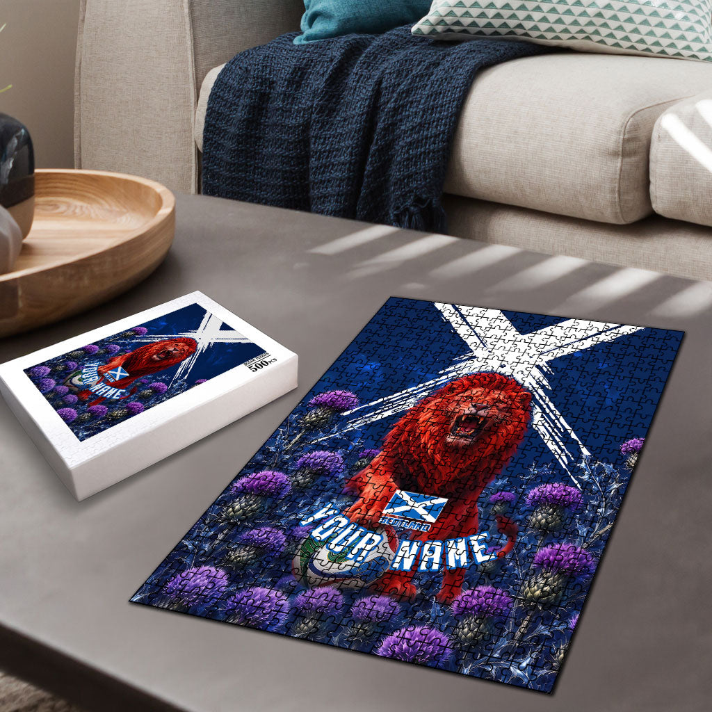 Personalized Scotland Red Lion Soccer Puzzle Scottish Saltire Flag Purple Thistle Cheering Fans