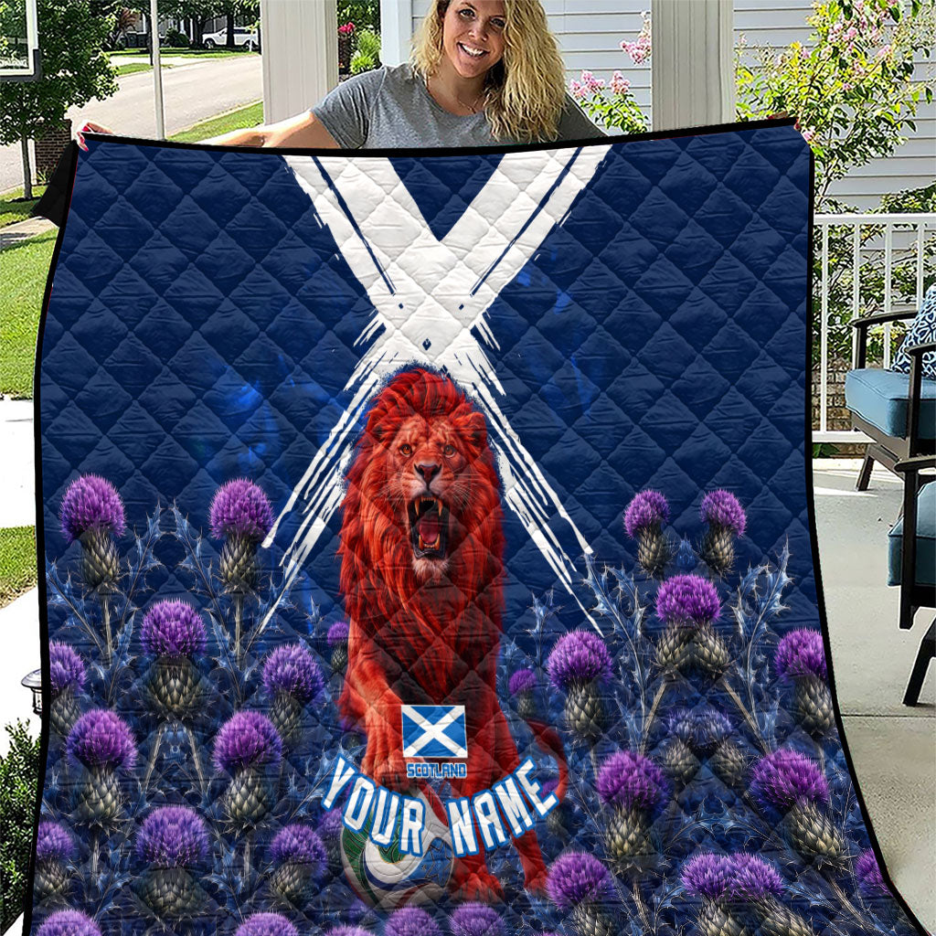Personalized Scotland Red Lion Soccer Quilt Scottish Saltire Flag Purple Thistle Cheering Fans