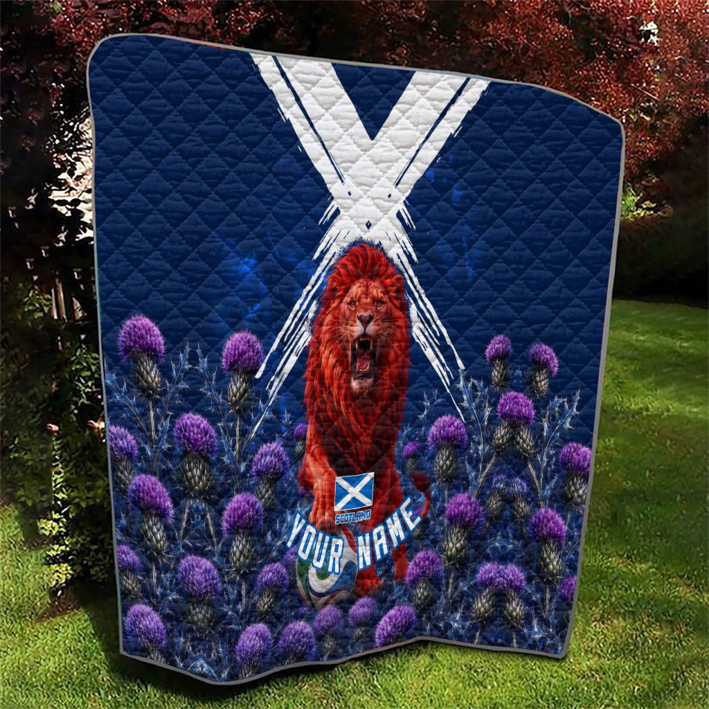Personalized Scotland Red Lion Soccer Quilt Scottish Saltire Flag Purple Thistle Cheering Fans