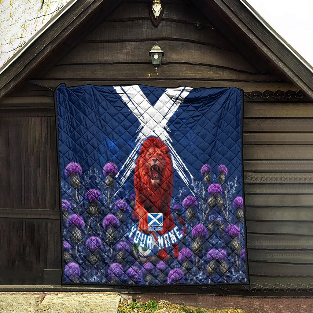 Personalized Scotland Red Lion Soccer Quilt Scottish Saltire Flag Purple Thistle Cheering Fans