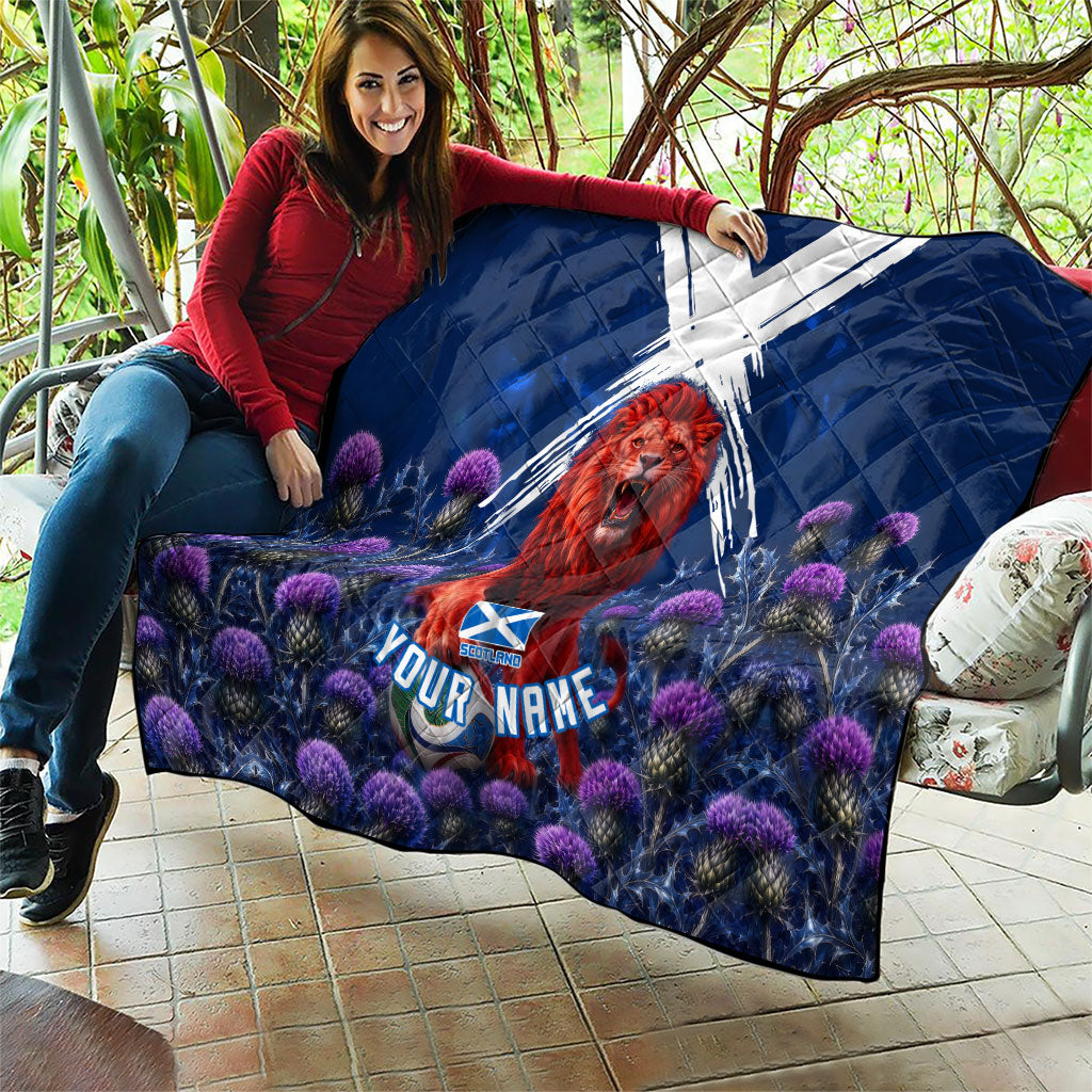 Personalized Scotland Red Lion Soccer Quilt Scottish Saltire Flag Purple Thistle Cheering Fans