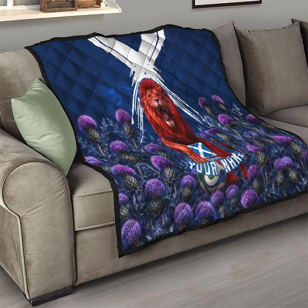 Personalized Scotland Red Lion Soccer Quilt Scottish Saltire Flag Purple Thistle Cheering Fans