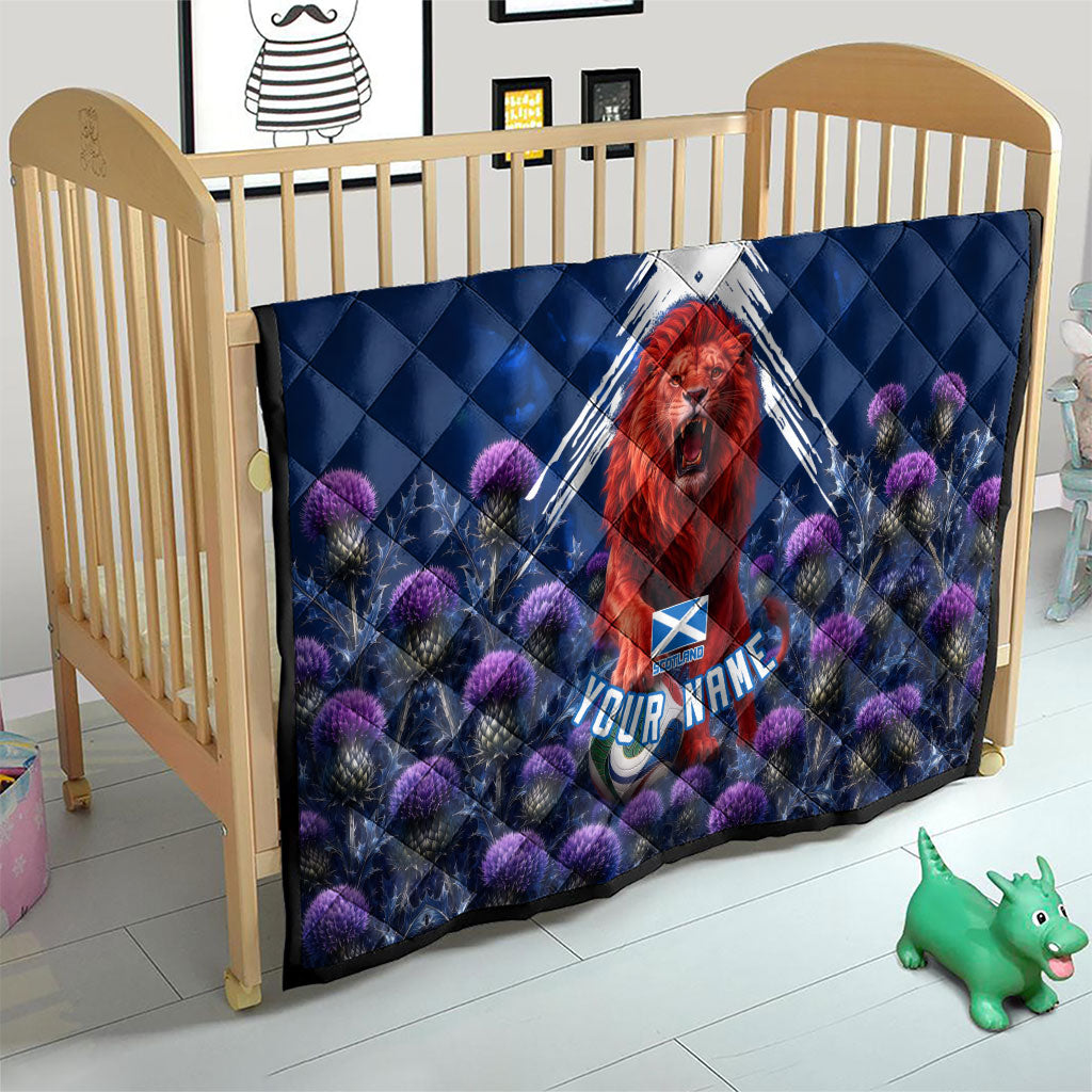 Personalized Scotland Red Lion Soccer Quilt Scottish Saltire Flag Purple Thistle Cheering Fans