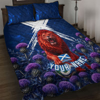 Personalized Scotland Red Lion Soccer Quilt Bed Set Scottish Saltire Flag Purple Thistle Cheering Fans