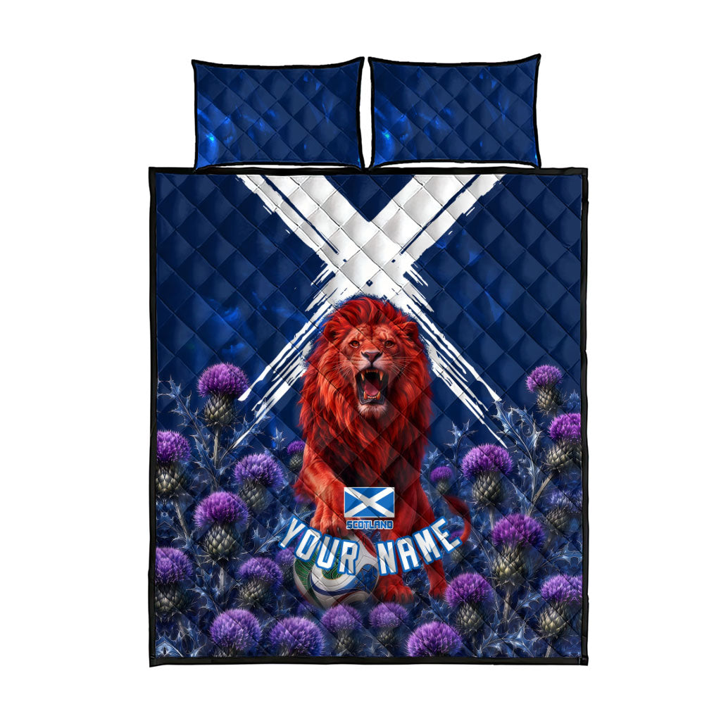 Personalized Scotland Red Lion Soccer Quilt Bed Set Scottish Saltire Flag Purple Thistle Cheering Fans