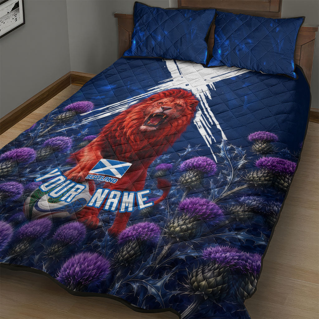 Personalized Scotland Red Lion Soccer Quilt Bed Set Scottish Saltire Flag Purple Thistle Cheering Fans